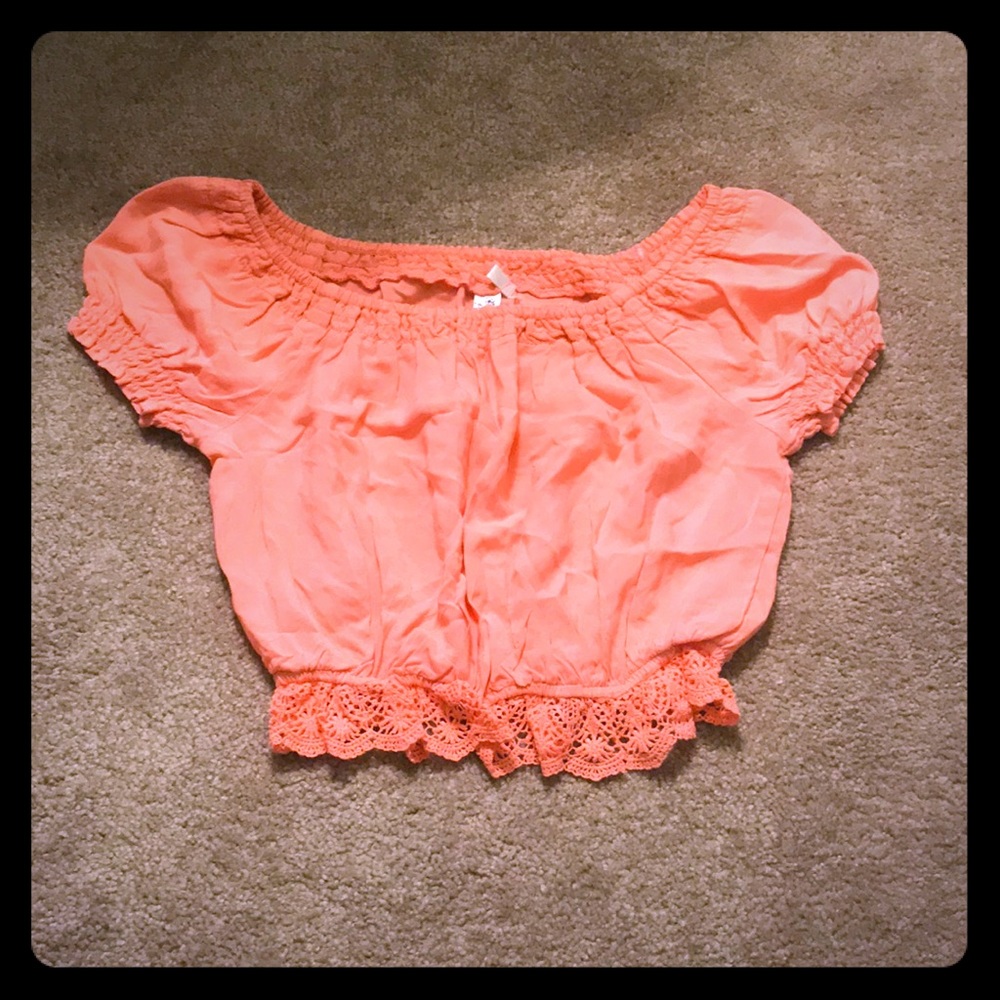 Salmon Crop Top with Lace Trim